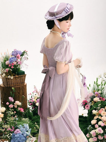 Elegant Purple High-Waisted Empire Lolita OP Gown with Lace Accents - KOMOMO