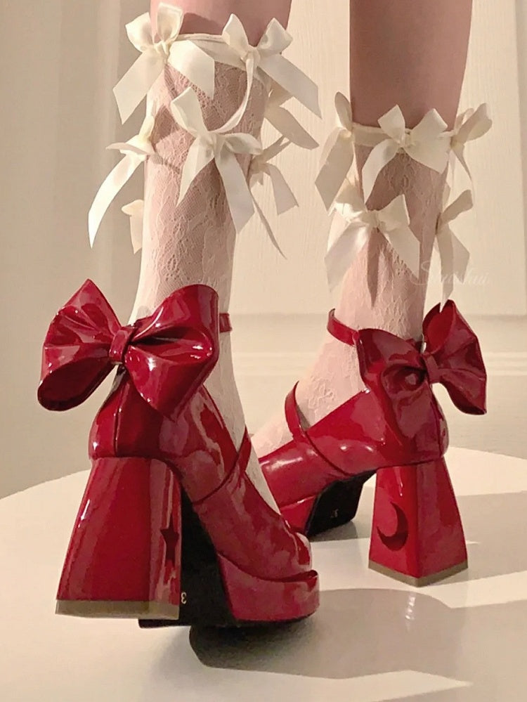 Buckles Decorative Starry Jane Shoes and with Back Wine Night Star Y2K Platform Moon Red - Mary Bow