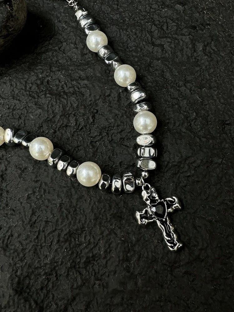 Silver Cross Pearl Pendant Necklace - YSHXS