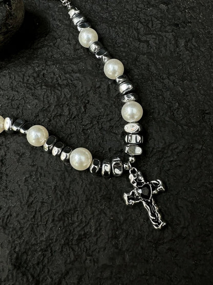 Silver Cross Pearl Pendant Necklace - YSHXS