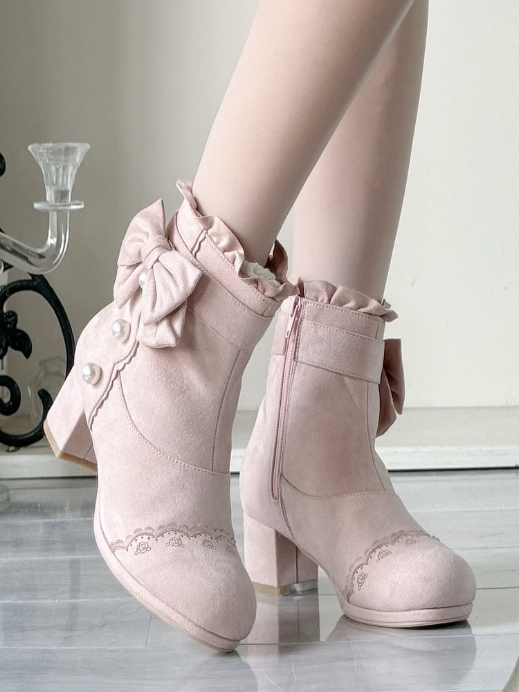 Elegant Lolita Decor Ankle Heel - with Collar Ruffle Mid Pink Boots Bead