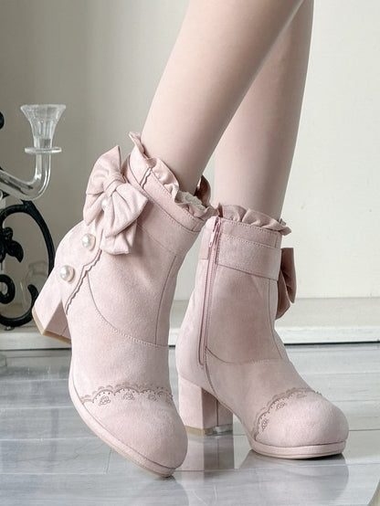 Elegant Lolita Decor Ankle Heel - with Collar Ruffle Mid Pink Boots Bead