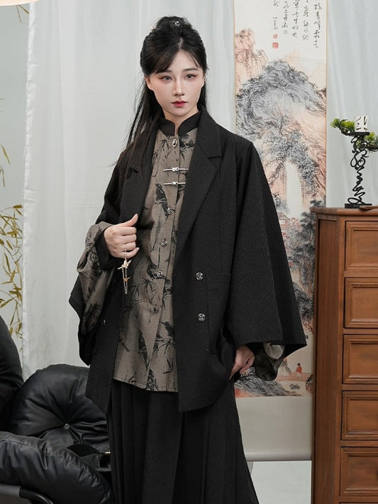 Chinese Placket Cuff Blazer Sleeve Style Black Button in Vents Breasted Double