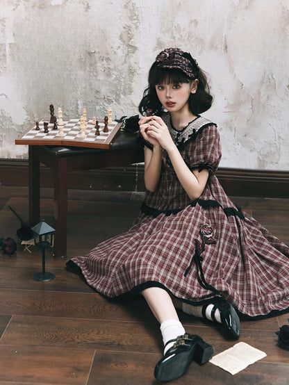 Black Plaid Dress Rose Trim Red Classic Elegant Lolita with Embroidery Short and Sleeves