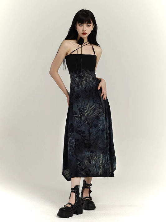 Black Tie-Dye Slim-fitting Cami Dress