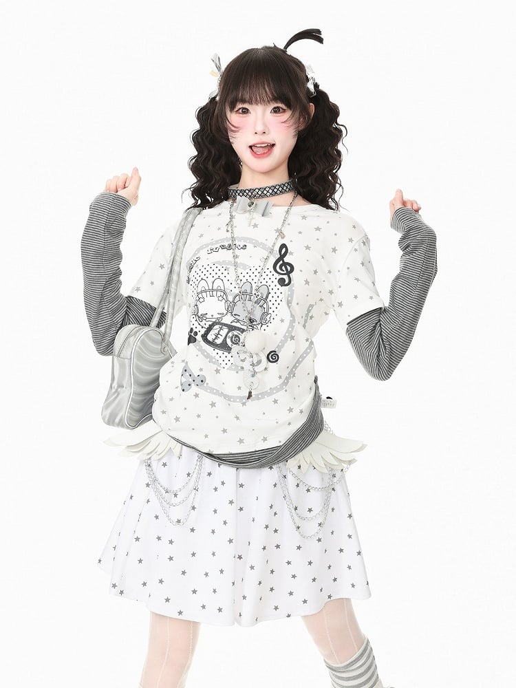 Faux Two Piece Otaku White Round Neck Long Sleeve Bunny Star Top - Languid Park