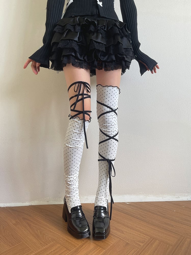 Pattern Stockings White Dot Ruffled Strap Design Asymmetric Polka