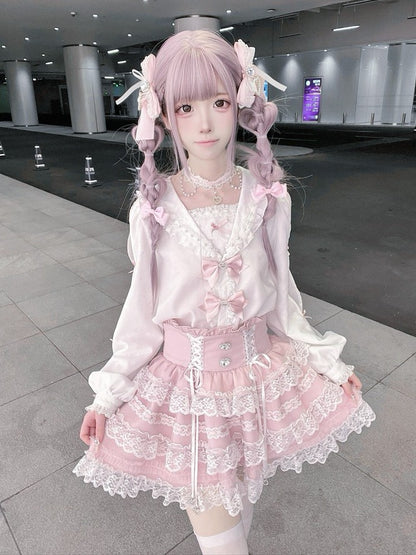 Pink Ryousangata Tiered Ruffle Skirt with Lace Trim - Puppet Bombs