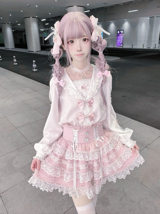 Landmine-Style Beaded Sailor-Collar Blouse, Bow & Lace, White Pink - Puppet Bombs
