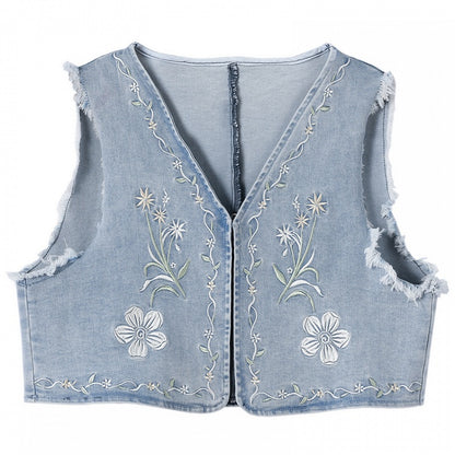 ブルーデニムベスト ウォッシュ加工 ダメージ加工 刺繍 フェードフローラル
