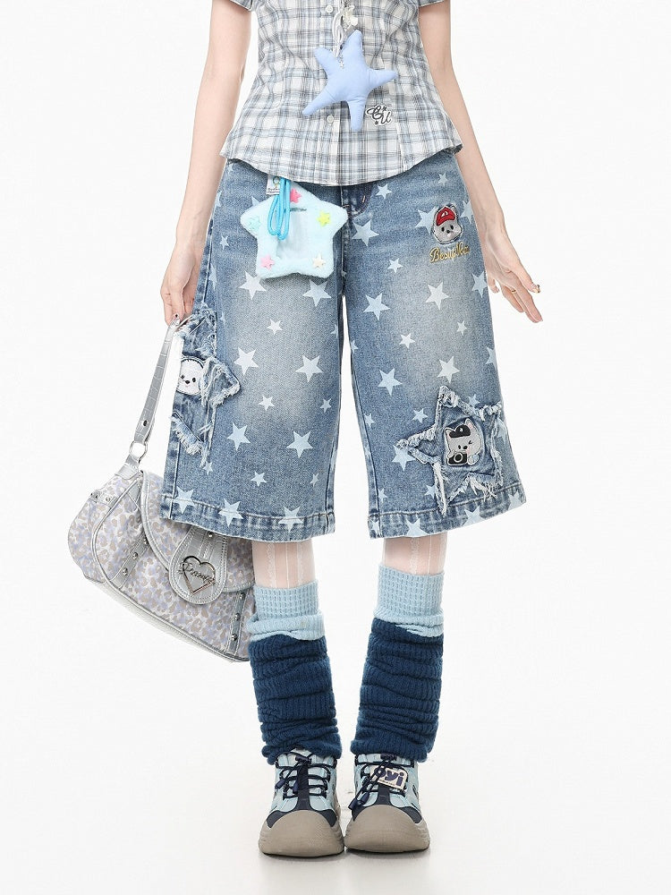 Kawaii Blue Star Print Cropped Jeans with Distressed Embroidery - Languid Park