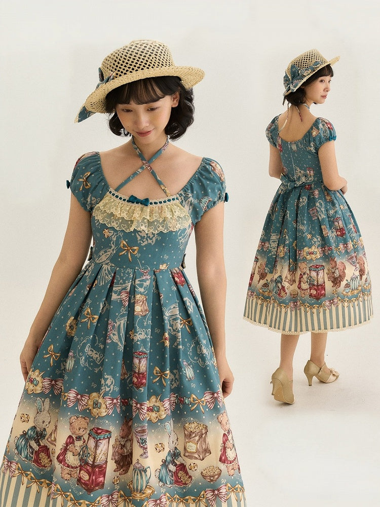 Teal Halter Lolita OP Dress with Popcorn Bear Print, Long/Short Version - Sweet Dream