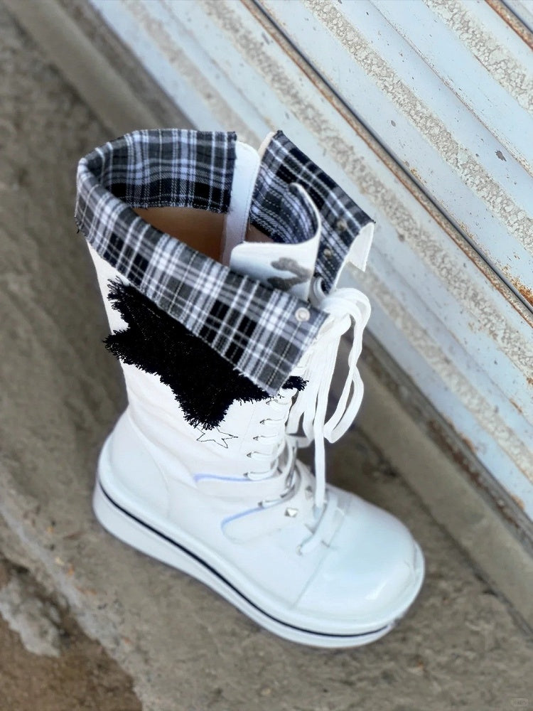 Punk with Boots Platform White Knee-high Embroidery Bone