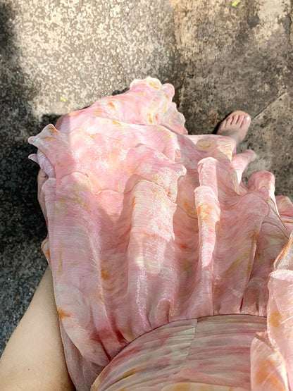 Pink Oil Painting Print Ruffle Trim Summer Holiday Dress - Qchiwawameme