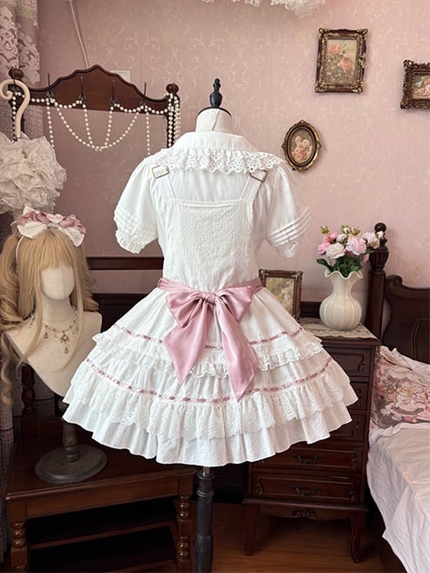 Rosa Schleife Akzente Weiß gestufte Spitze Trim Hime Sweet Lolita Kleid Rock Pullover