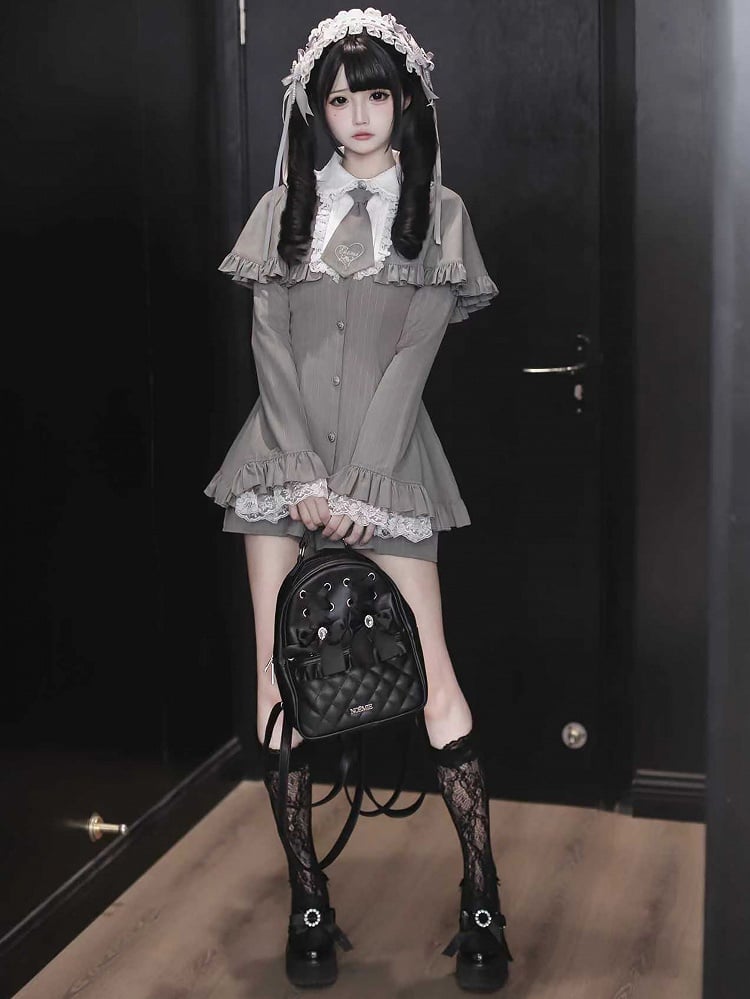 with Shorts Kei Tie Set: Jirai Bell-Sleeve Cape Detachable Mini Dress Gray Striped Matching