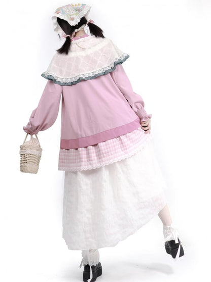 ホワイトチェック柄レーストリムケープ