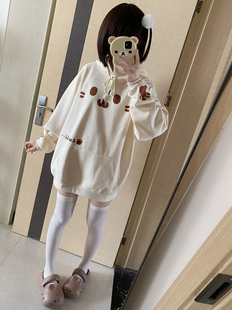 Hoodie Front Pouch with Themed Print Cat Pocket Off-white