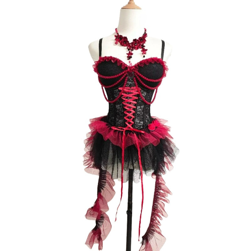 Dark Punk Gothic Black and Red Beaded Lace Irregular Camisole Dress