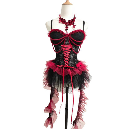 Dark Punk Gothic Black and Red Beaded Lace Irregular Camisole Dress