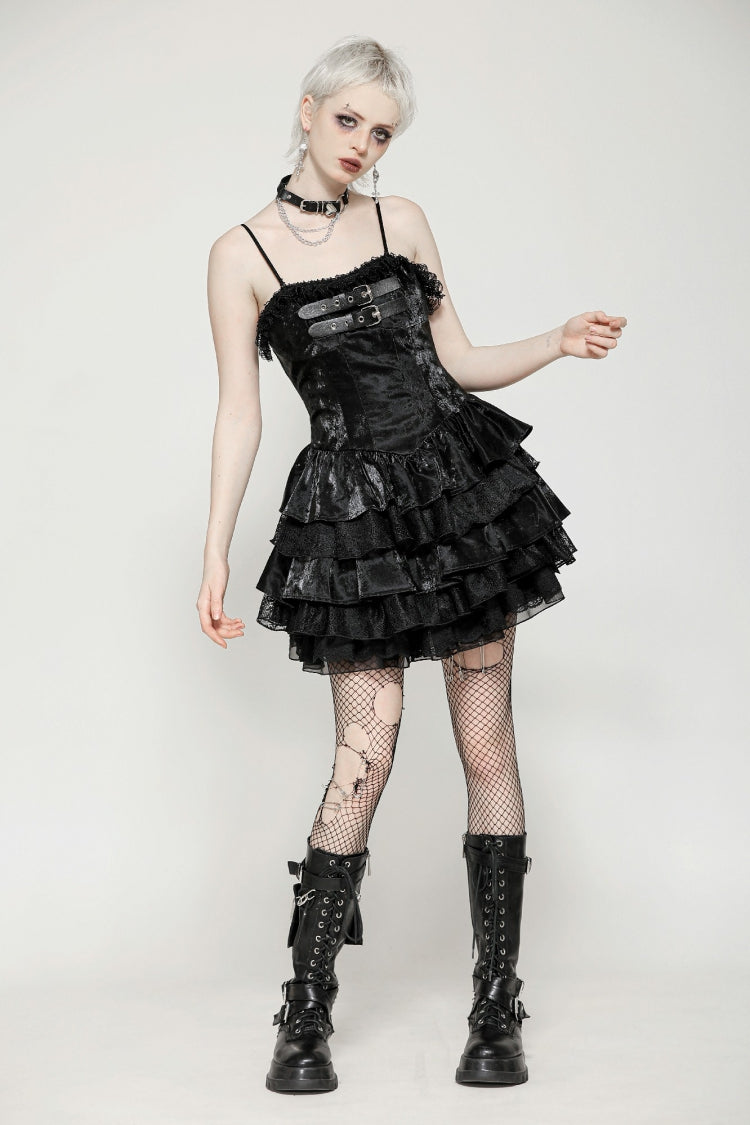 Black Sleeveless Ruffled Party Slip Dress Punk Graduation