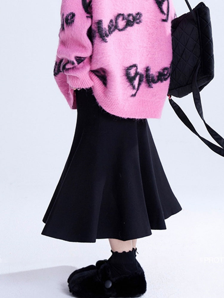 Midi Skirt High-Waisted Elegant Mermaid Thick Black A-Line