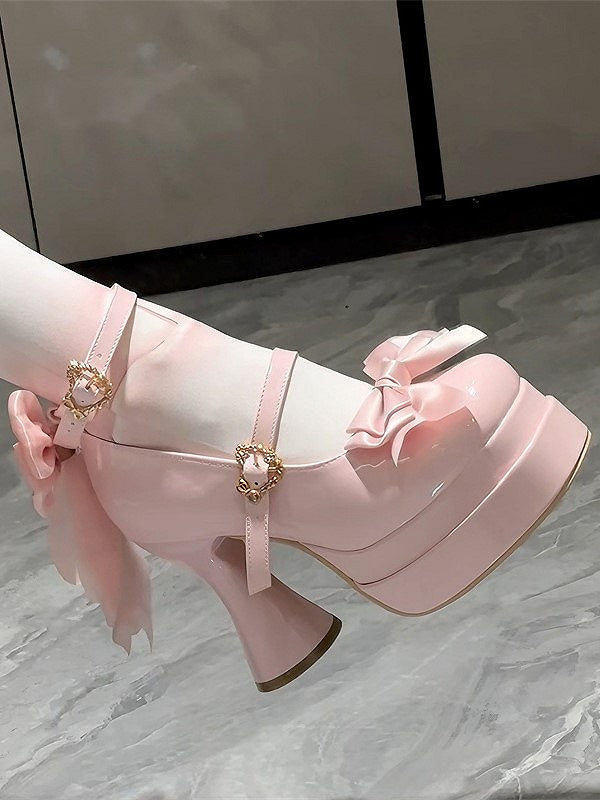 Sweet High-heel PU Top Pink at with Bow Janes Light Lolita Mary Platform