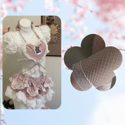 Pink Bear Heart Maid Costume Set - Cute Ruffle Sleepwear
