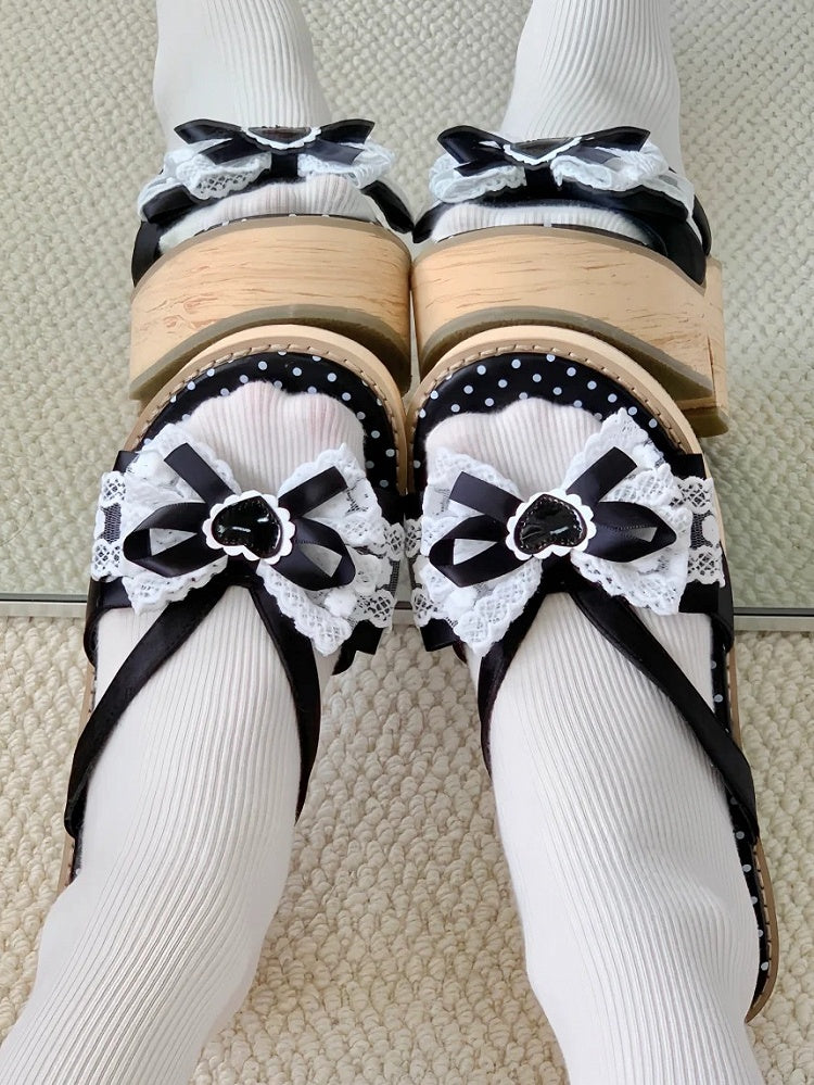 Bow Wa Heart Black White Applique Lolita Comfy Lace Slippers - Trimmed