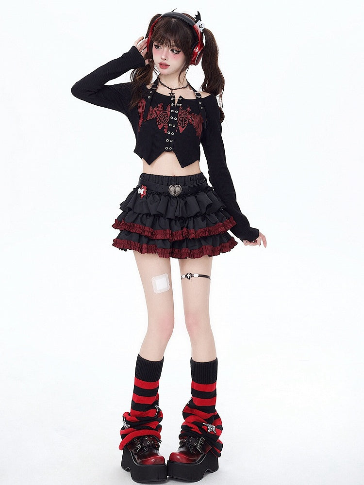 裾フリー、パンクベルト付きフリルスカート、ブラックウエストティアード