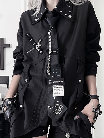 Diagonal Tie with Chain Punk Patch Number Pin-Attached Metal Black