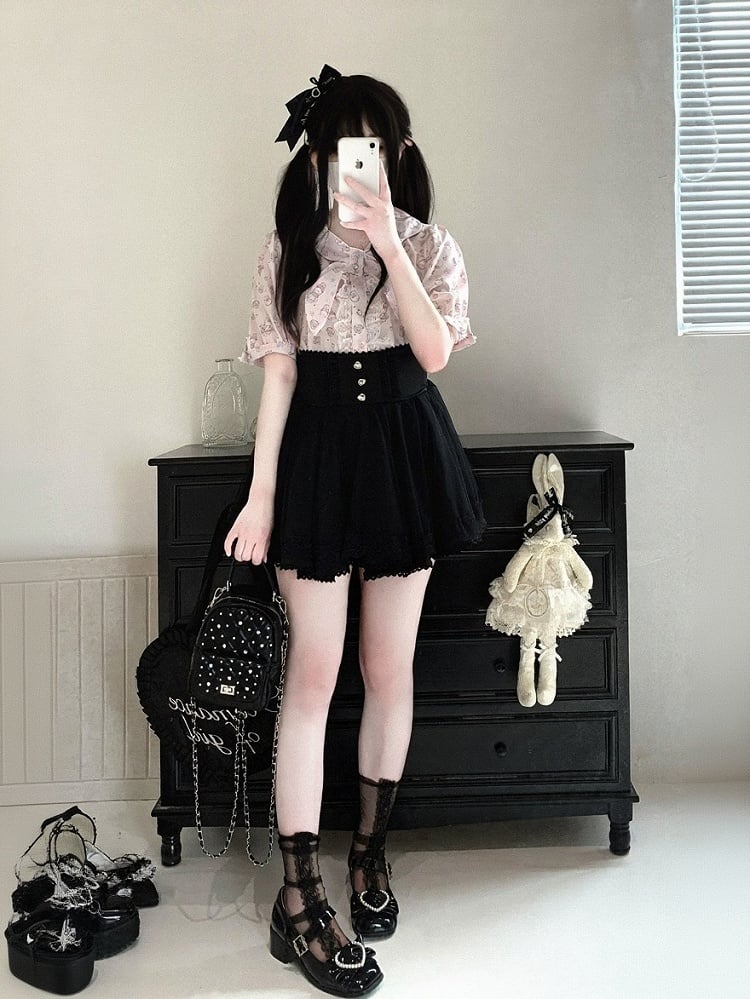 Bunny Ear Bow Collar Blouse, Short Sleeve, Pink & White Print - Kitty Bxllet
