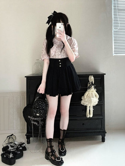 Bunny Ear Bow Collar Blouse, Short Sleeve, Pink & White Print - Kitty Bxllet