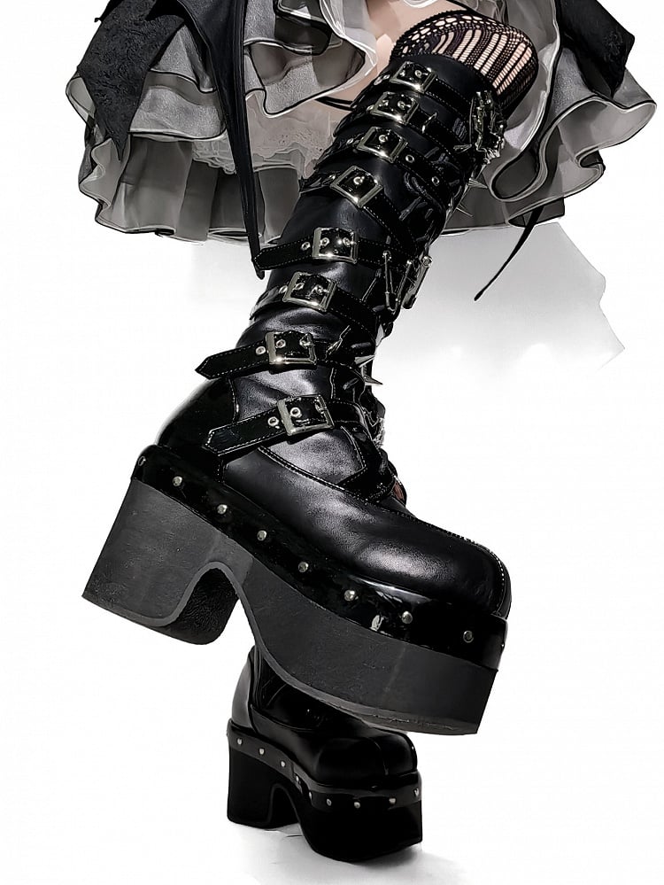 Buckle Platform Boots - Knee-High Punk High-heel PU