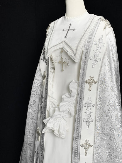 Embroidery Silver Cross Lolita Decorated Details Nun White and Cloak