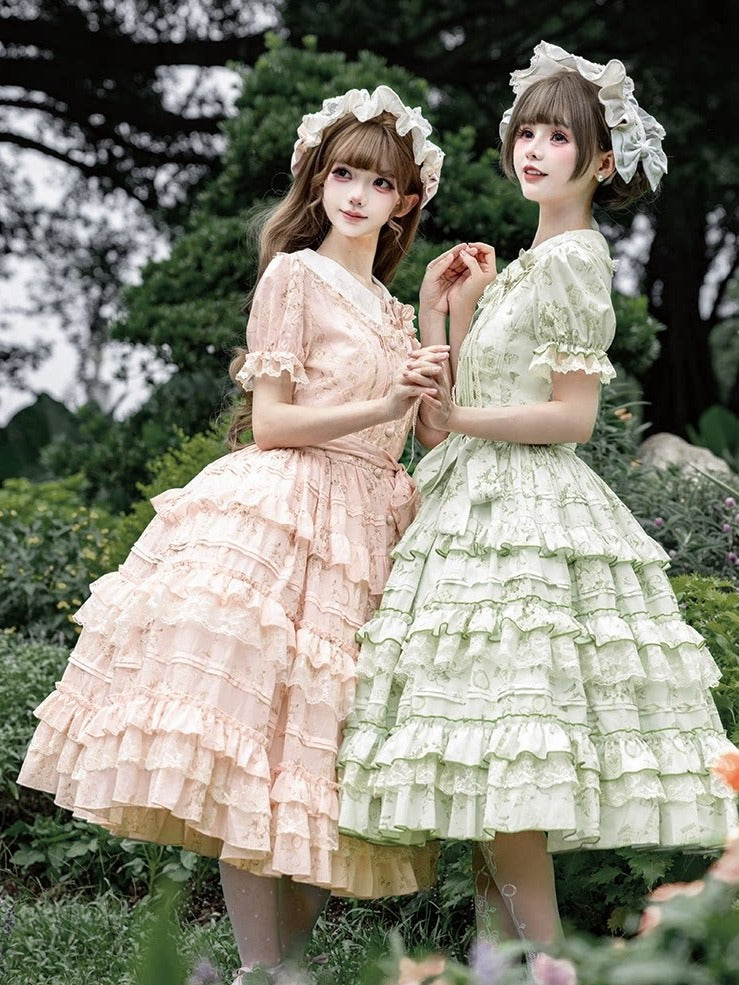 Sweet Jasmine Embroidered Pink OP Doll Collar Lolita A-Line Gown with Tiered Skirt - ZHIJINYUAN
