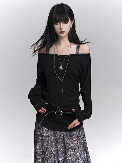 Ensemble with Top Off-Shoulder Dress Sleeveless Black Floral Gothic