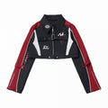 Cropped Moto Jacket in Black & Red with Buckle Straps and Graphic Print - PINK SAVIOR