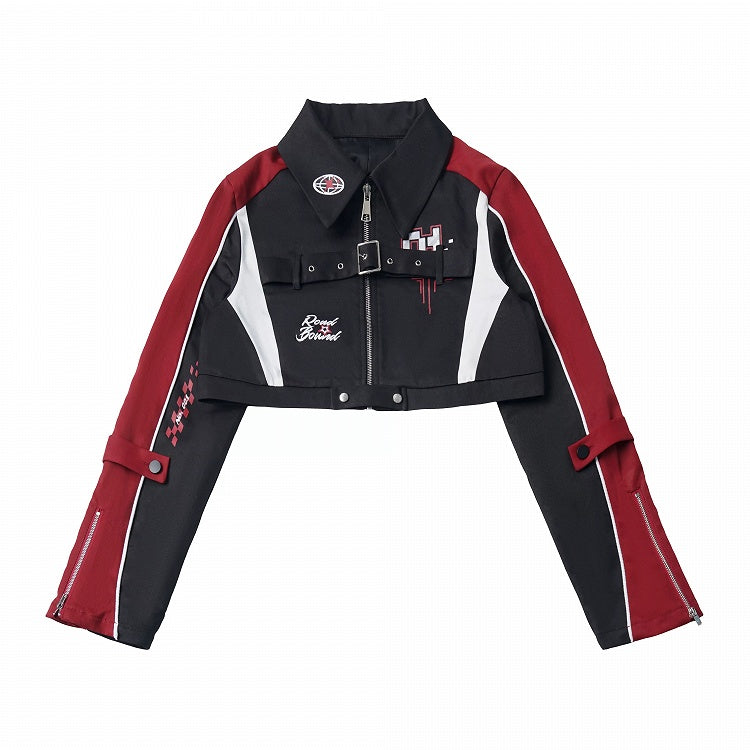 Cropped Moto Jacket in Black & Red with Buckle Straps and Graphic Print - PINK SAVIOR