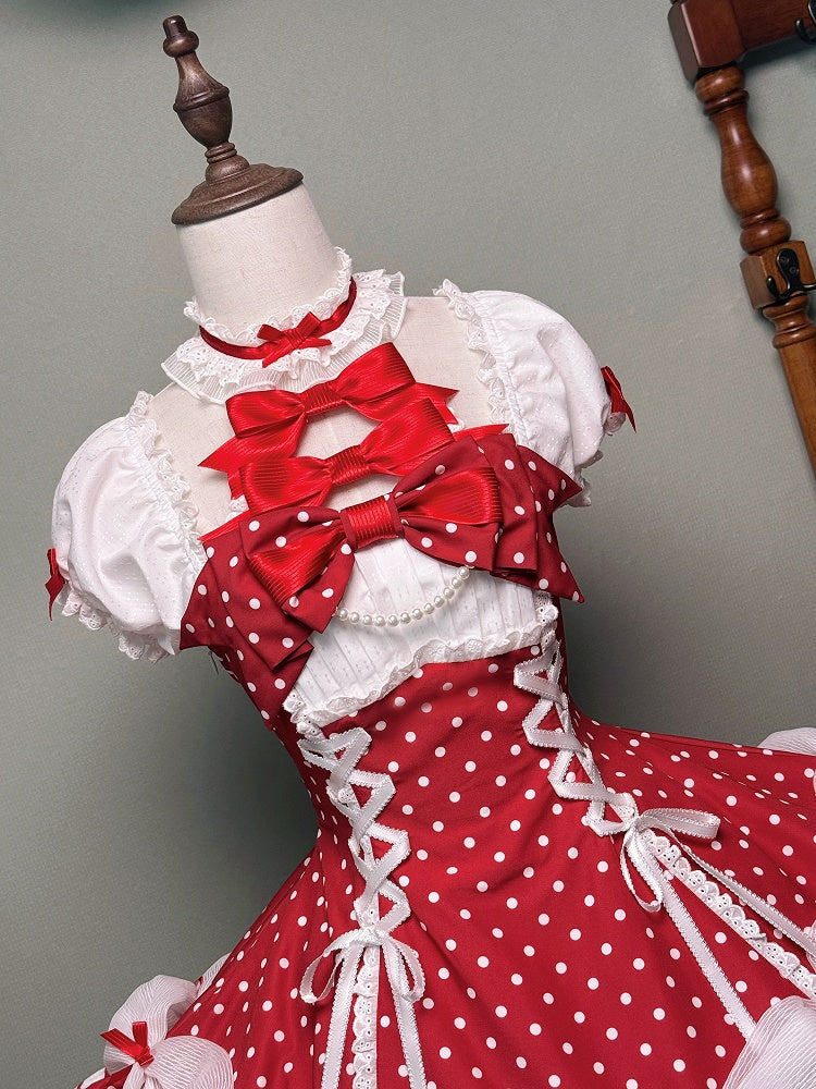 and Puff Dress Dot Sleeves School Polka Lolita Neck with Old Red Accents Halter Bow