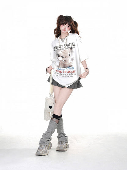 Gray/White Crew Neck Cartoon Deer Print Loose T-shirt