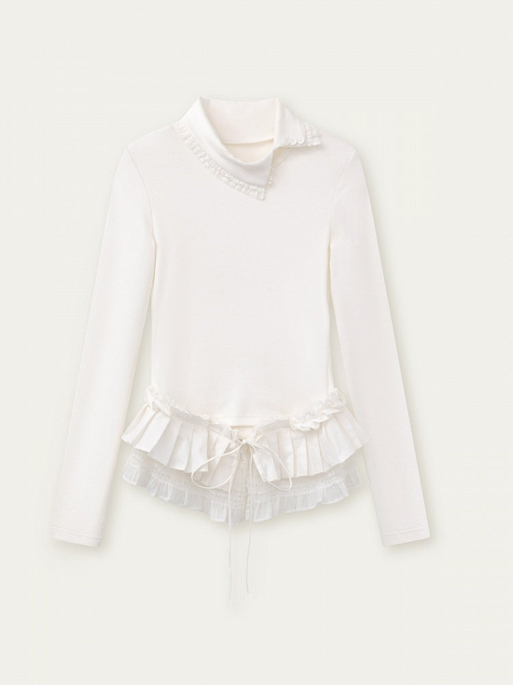 T-Shirt Asymmetrical Design and Sweet Collar Ruffled Sleeve with Long