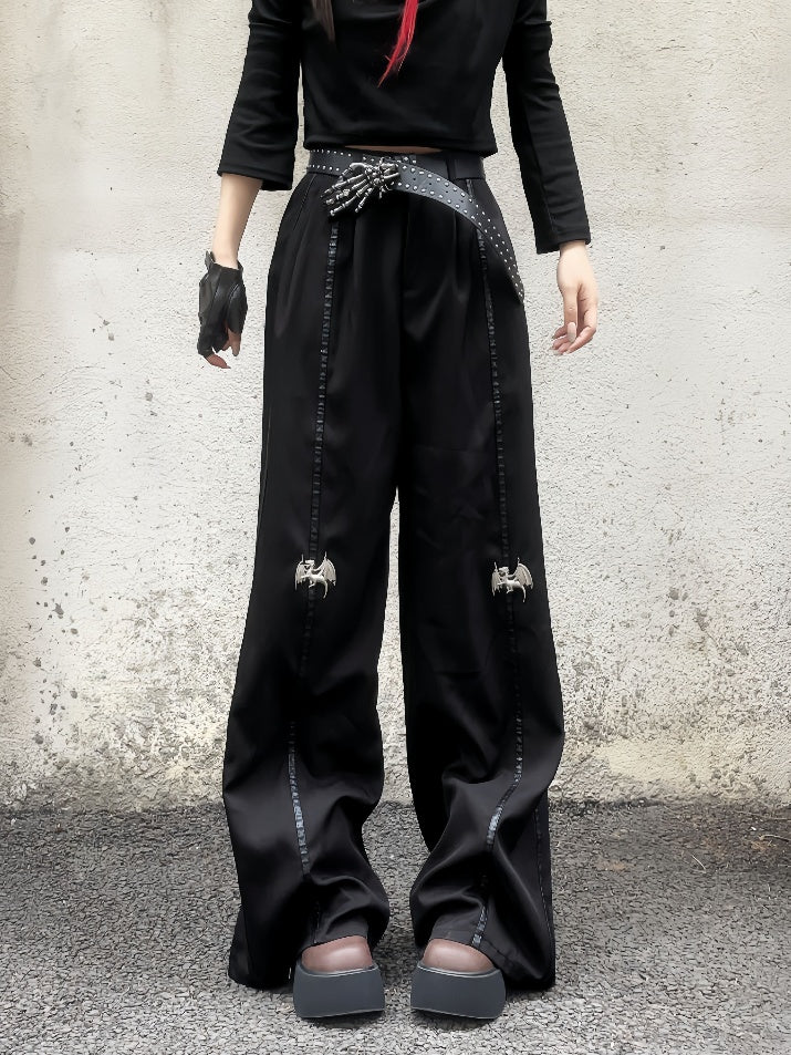 丈長めのフロア ブラック メタル ドラゴン ニー ワイドレッグ パンツ