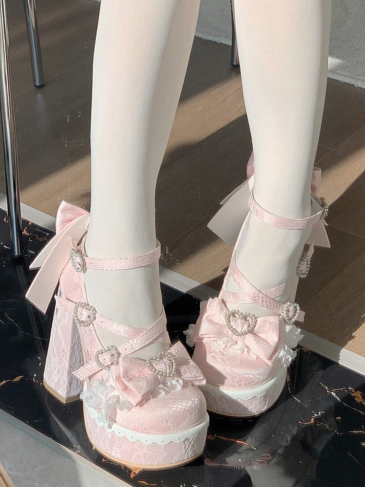 Round High Pink Elegant Block Lolita Bow Heels - Toe Platform Accents