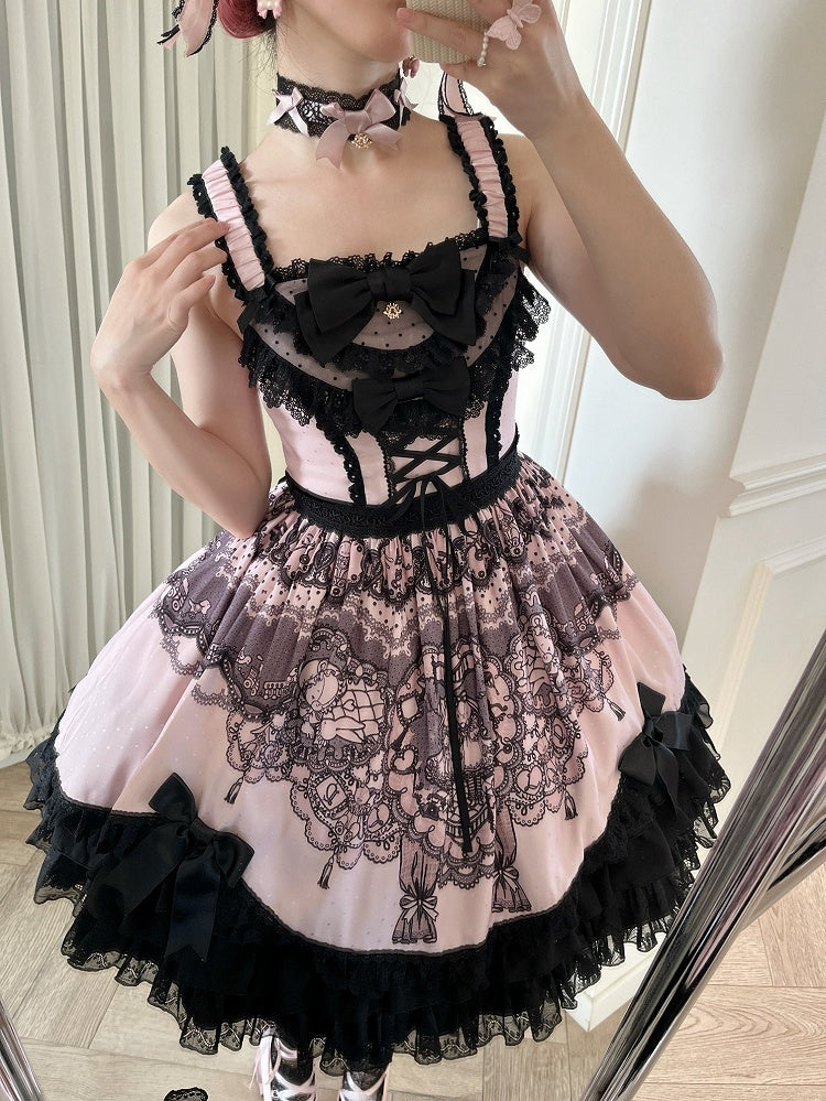 Black and Pink Cat Print Sweet Lolita Skirt Dress - Mademoiselle Pearl