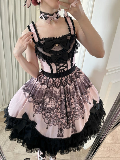 Black and Pink Cat Print Sweet Lolita Skirt Dress - Mademoiselle Pearl