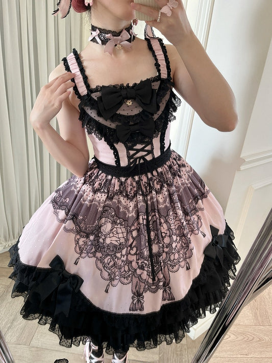 Black and Pink Cat Print Sweet Lolita Skirt Dress - Mademoiselle Pearl