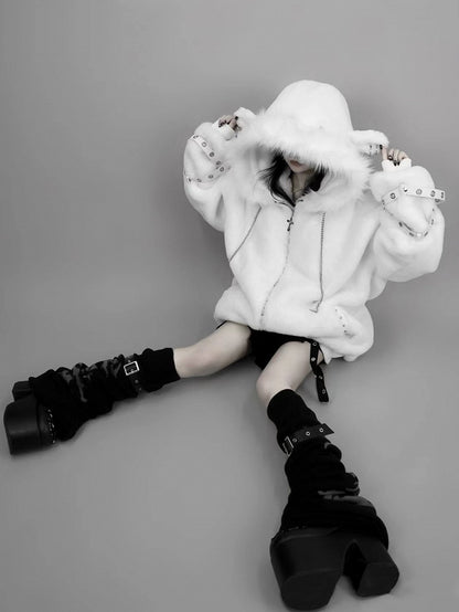 Jirai Kei White / Black Plush Lamb Ear Hooded Coat with Crossed Eyelet Straps and Back Cross Applique