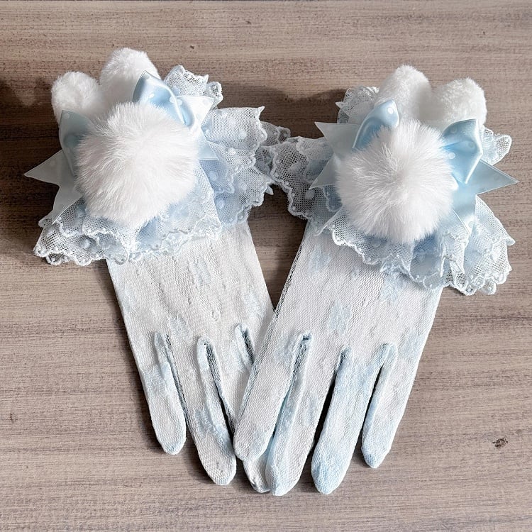 Blue Accents) Set Cuffs Light Pom-Pom (Furry Wrist Gloves Lolita