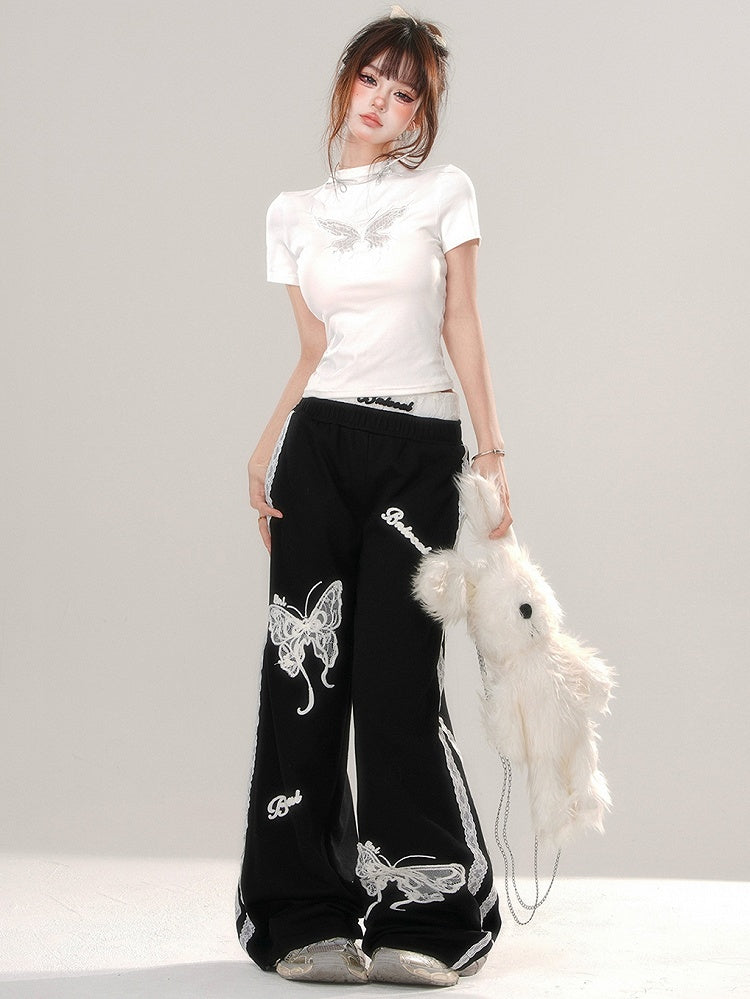 ブラック/ホワイト バタフライ モックネック Tシャツ 背中にレースパッチワーク